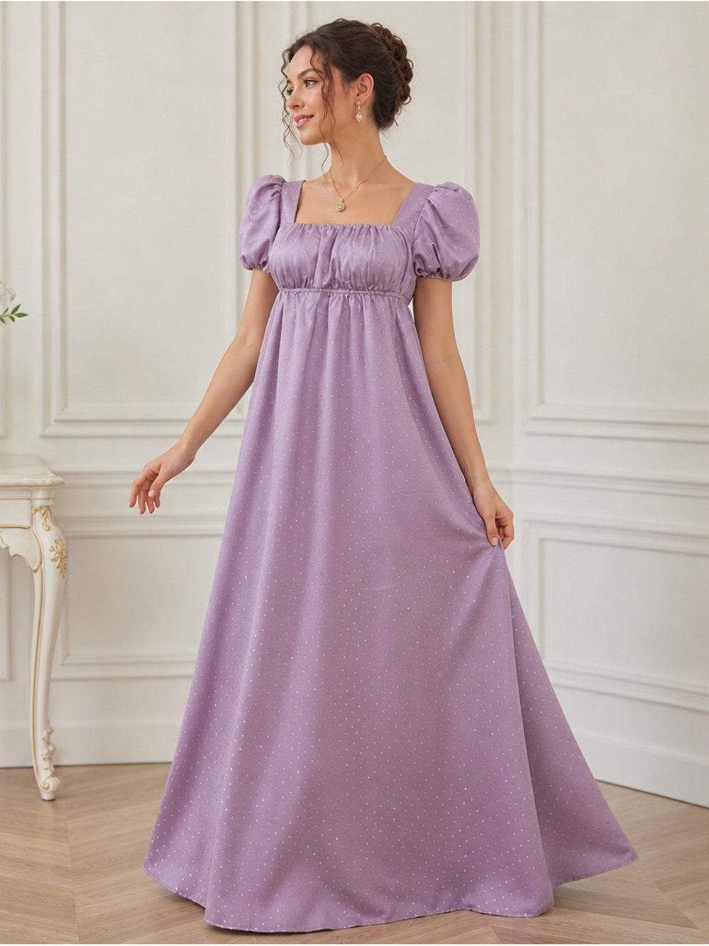 Lavender Regency
Renaissance Satin Gown
Puff Sleeve Maxi Dress
Rhinestone NWT M